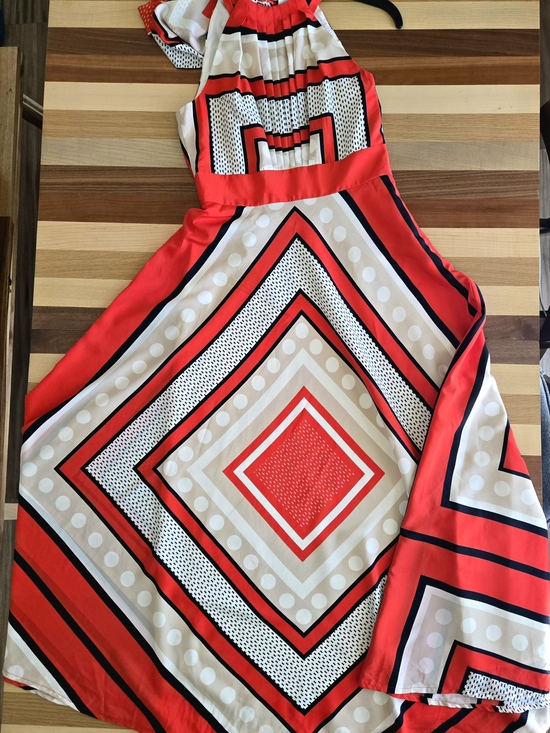 Eliza J Dresses & Skirts - Eliza J Red White and Black Geometric Halter Maxi Dress With Scarf Back Tie 6